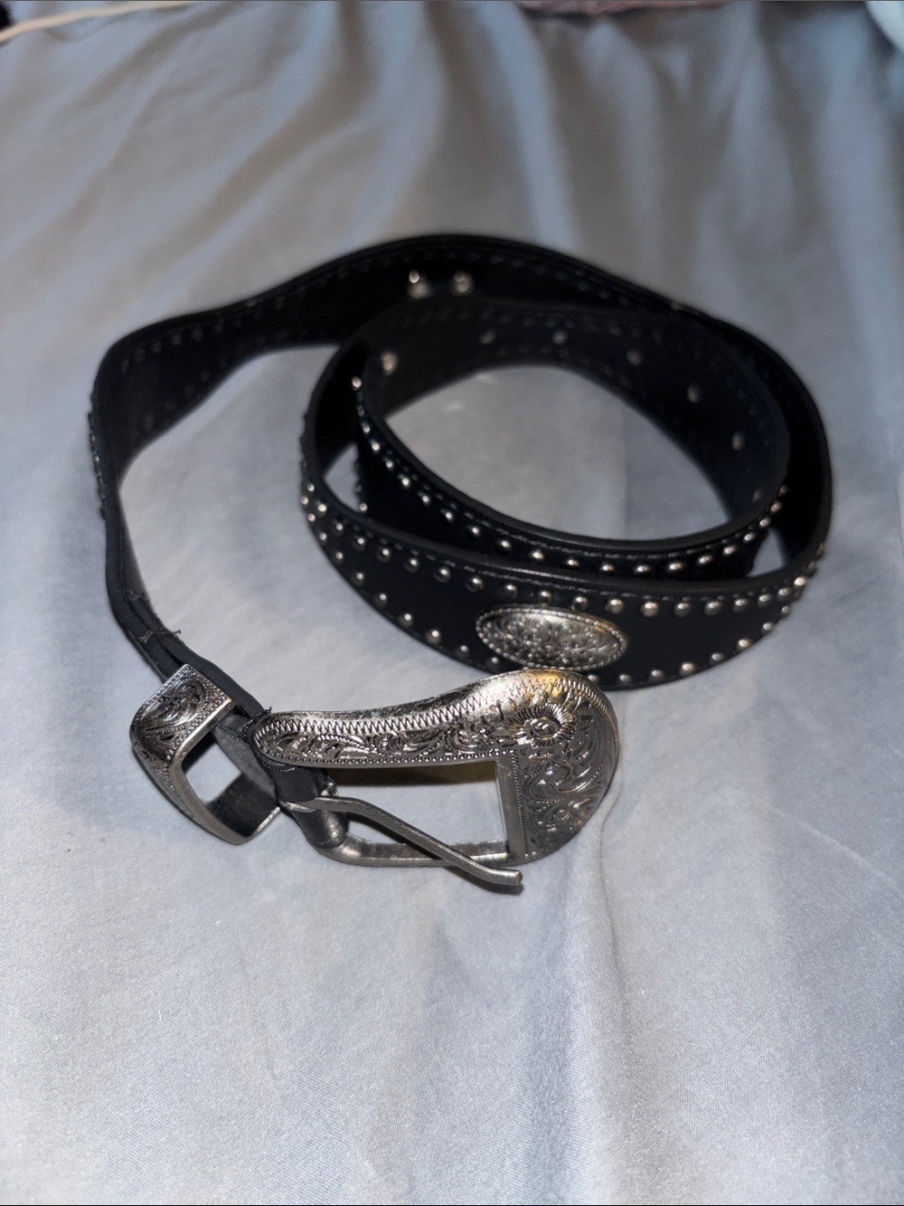 Studded Black Leather Western Belt with Engraved Silver Buckle